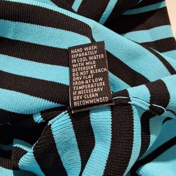 Cyrus Black Turquoise Stripe Knit Top Asymmetrical Neck Line Sz L Bold Unique... - Picture 6 of 6